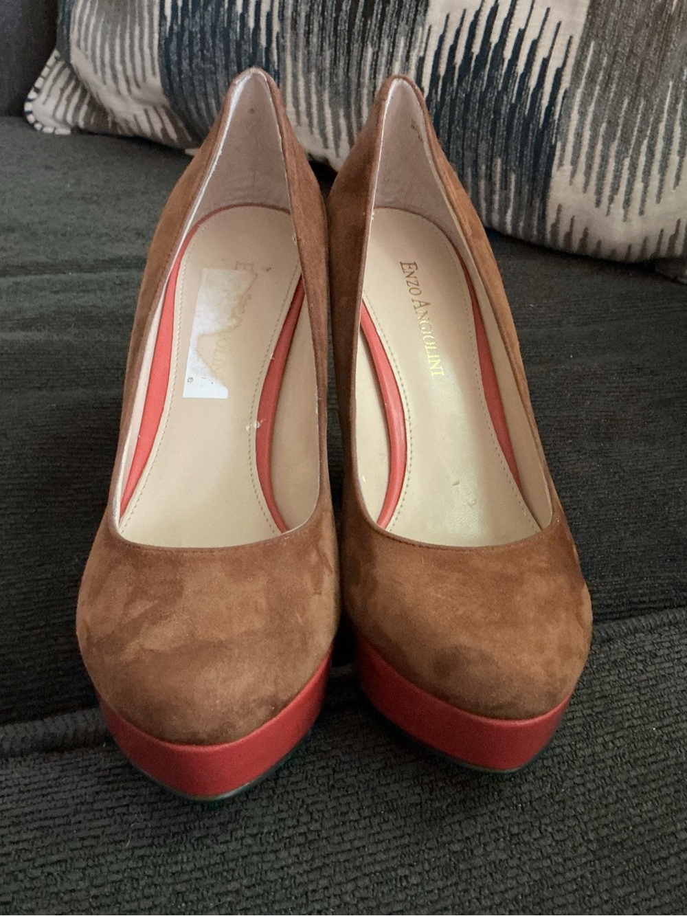 Enzo Angiolini Brown Suede Platform Pumps with Red Platform